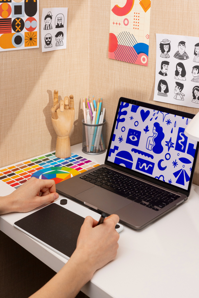 Diseñador trabajando en ilustraciones digitales, parte del proceso de creación de logo en Genova Soluciones.